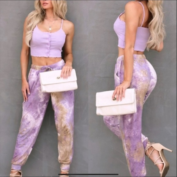 Ninexis Pants - PURPLE TIE DYE Print Elastic Waist Drawstring Comfy Joggers